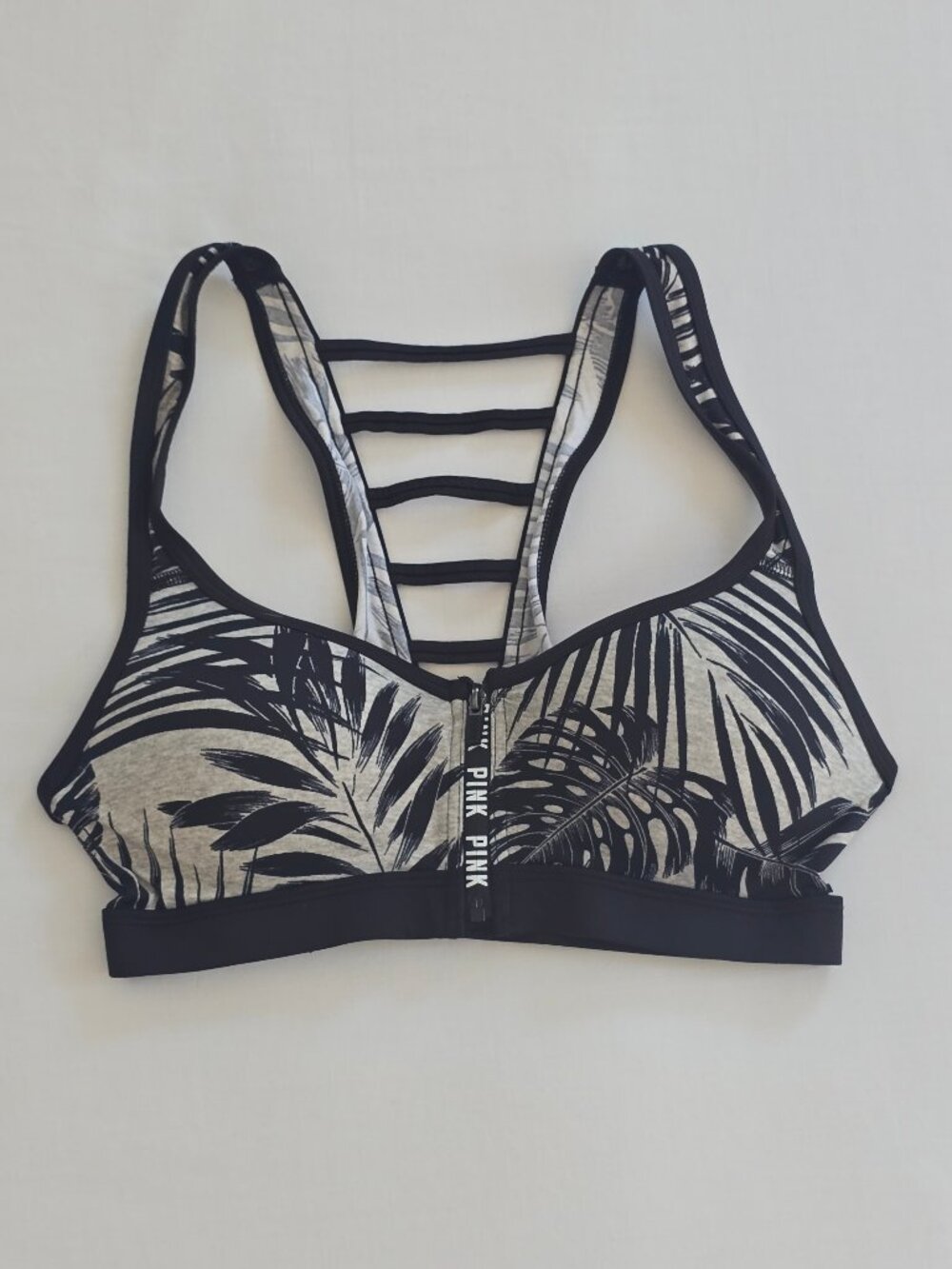 Victoria's Secret VS PINK Gray and Black Palm Zip Front Ladder Back Sport Bra XS
